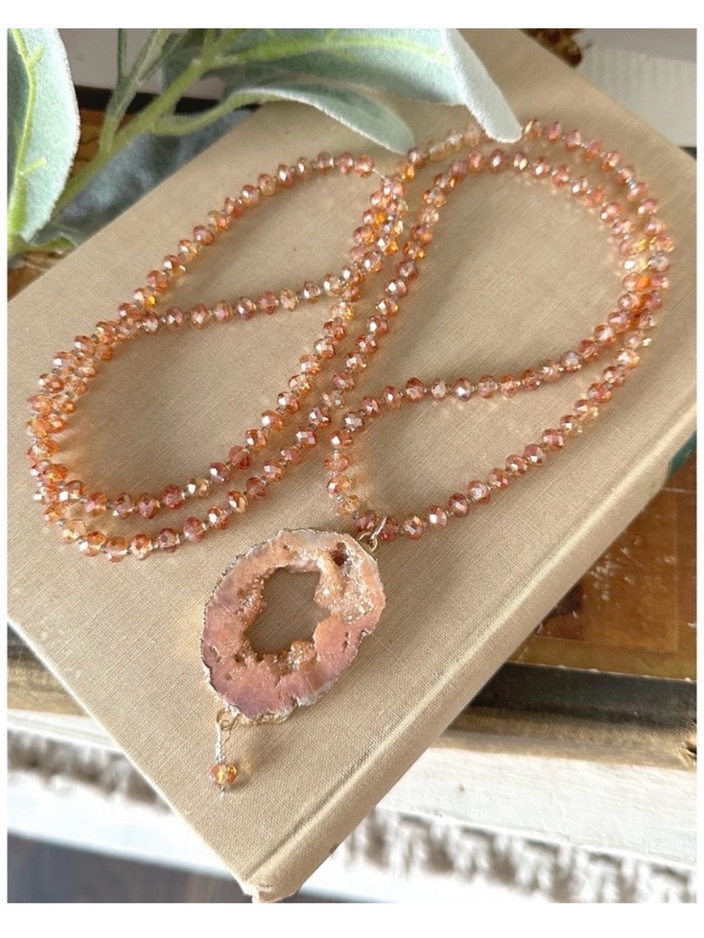 Faceted Peach Crystal Beaded Necklace with Druzy Pendant - Women Jewelry